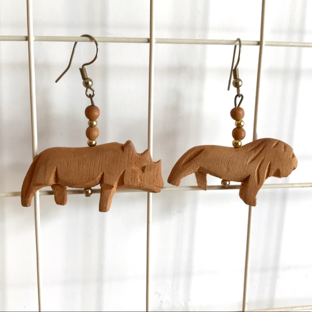 Vintage African Hand Carved Wooden Earrings